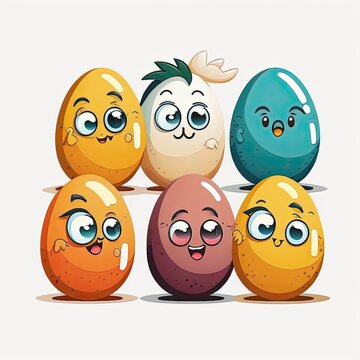 Funny and happy easter eggs decorations, colorful characters. Generative AI