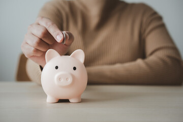 Woman holding piggy bank in concept of saving money. Finance and banking concept piggy bank on person hand.