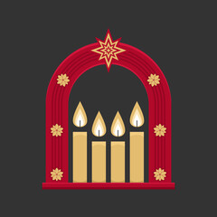 Christmas vector illustration. Four Advent candles lit in anticipation of the birth of Jesus Christ.