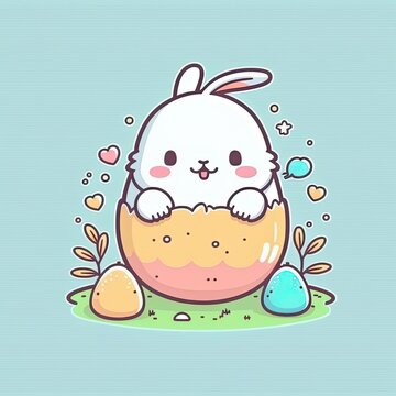 Easter egg with a cute and happy rabbit inside, colorful character. Generative AI