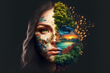 Mother nature concept seamlessly merged with beautiful face portrait of a young woman. Ai generated