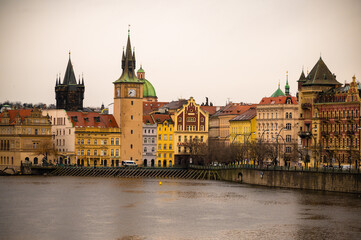 Obraz premium Scenic view on Vltava river and historical center of Prague,buildings and landmarks of old town, Prague, Czech Republic