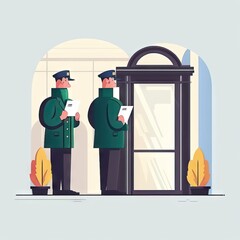 Two security guards checking IDs at a building entrance illustration Generative AI
