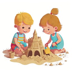 Two siblings building a sandcastle illustration Generative AI