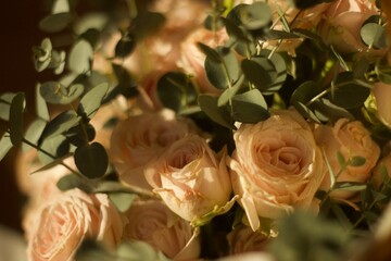 bouquet of flowers on the table with cups of coffee