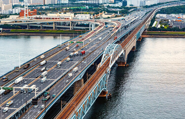 Aerial view of an expressway bridge in okyo, Japan