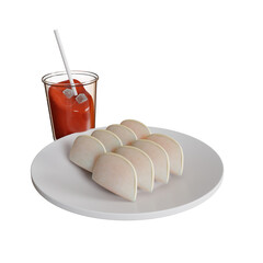 3d illustration of traditional Indonesian food cireng on a plate with ice tea