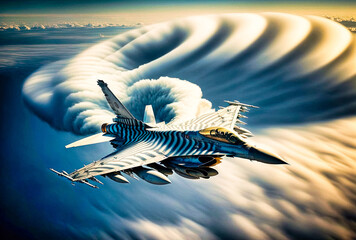 A modern fighter jet over a sea of clouds - generative ai - obrazy, fototapety, plakaty