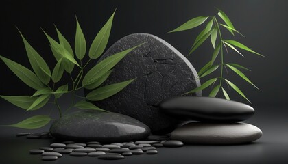 Fototapeta na wymiar Zen stones and bamboo leaves, generative ai