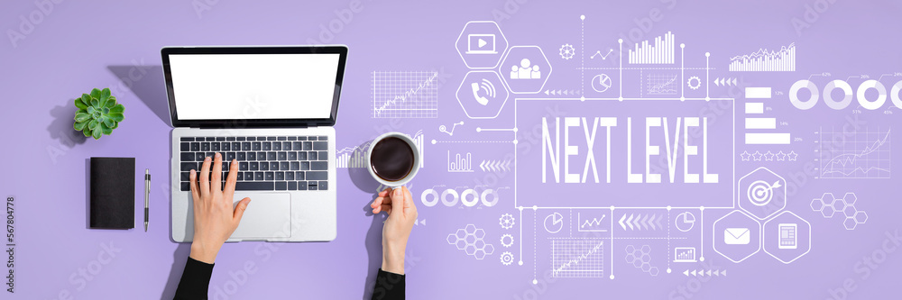 Poster next level concept with person using laptop computer