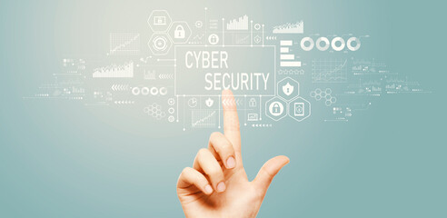 Obraz na płótnie Canvas Cyber security theme with hand pressing a button