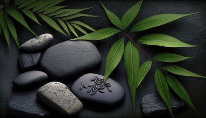 Obraz na płótnie Canvas Zen stones and bamboo leaves, generative ai