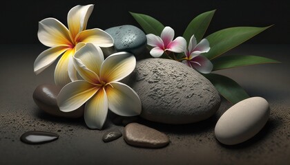 Zen stones with frangipani flower, generative ai