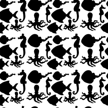 Seamless pattern fish silhouettes isolated on white background
