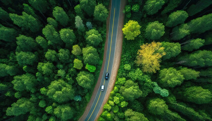 Aerial top view of asphalt road through green forest, healthy rain forest,  environment, health, green economy, view of nature ecosystem for save Earth with Generative AI.