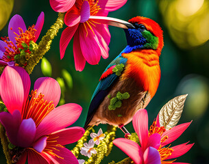 Colorful sunbird with tropical fuchsia flowers, Generative AI