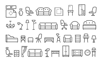 Fototapeta na wymiar Furniture concept. Set of interior design and home decoration related line icons. Outline icon collection