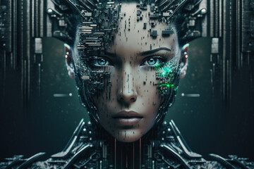fictional person from the back, representing artificial intelligence inside a room full of green codes and computer components,generated by IA,
