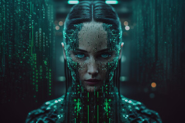 fictional person from the back, representing artificial intelligence inside a room full of green codes and computer components,generated by IA,