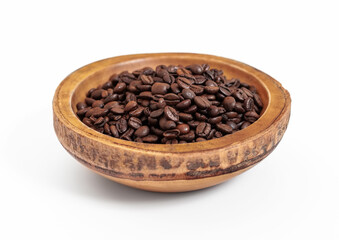 Wooden bowl plate with fresh raw aroma coffee beans on white background.