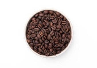 Fresh raw aroma coffee beans in bowl plate on white background.