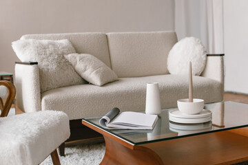 Aesthetic minimal home interior. Stylish decor on coffee table. Aesthetic elegant blog, online shop, store, social media template.
