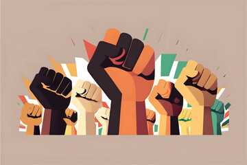 fists up representing racial ethnic diversity cause, equality, minimalist vector illustration flat design. Isolated. - obrazy, fototapety, plakaty