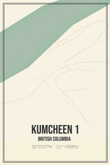 Retro Canadian map of Kumcheen 1, British Columbia. Vintage street map.