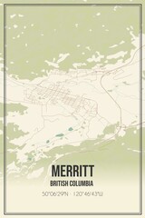 Retro Canadian map of Merritt, British Columbia. Vintage street map.