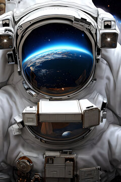 Close-up astronaut flying at the beautiful space looking toward the earth with the reflection on the 
helmet. Generative AI.