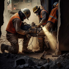Construction mens using a drill while doing construction, Generative AI
