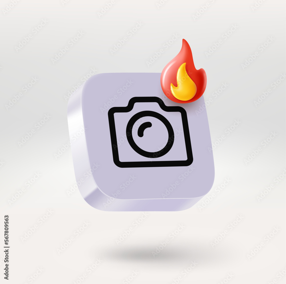 Poster Mobile app icon with camera and flame sign. Place your logo or icon into button. 3d vector icon isolated on white background
