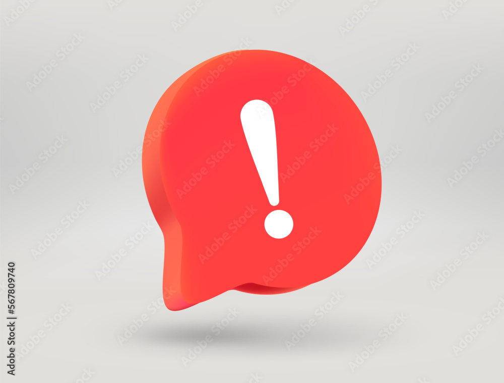 Poster red speech bubble with exclamation mark. 3d vector illustration