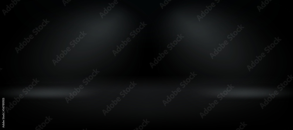 Poster deep black wide room with light projectors. 3d vector premium showcase for display products