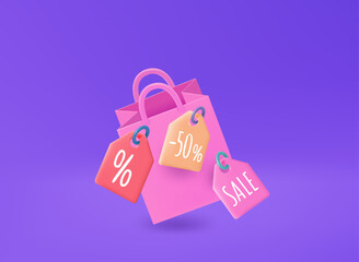 Shopping bag with discount tags. 3d vector illustration