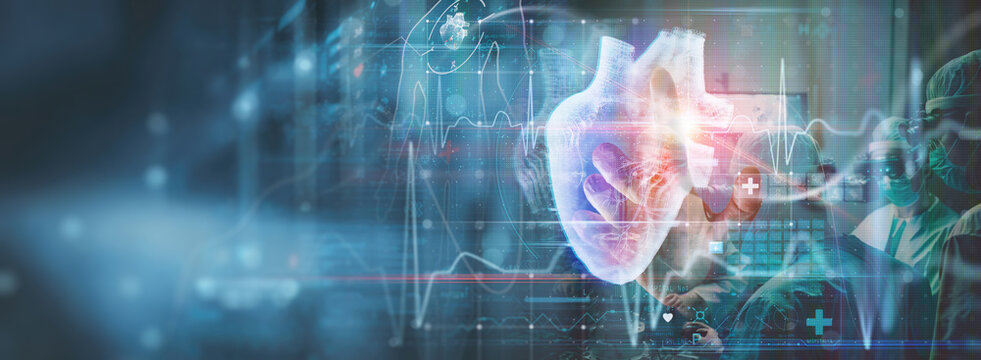Cardiologist doctor diagnosis patient heart functions and blood vessel on virtual dashboard. Medical and  healthcare technology testing diagnose heart disorder and disease of cardiovascular system.