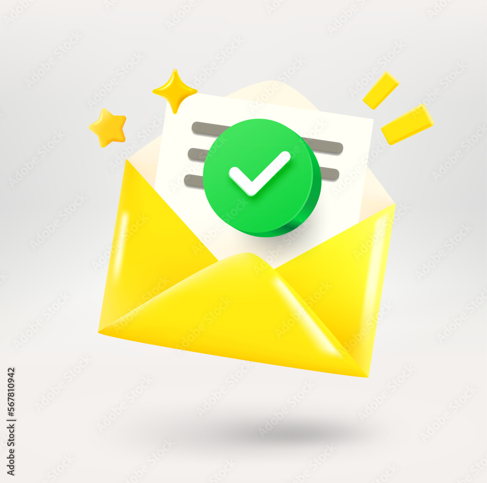 Poster yellow paper envelope with green checkmark on white background. no viruses cincept. 3d vector icon i