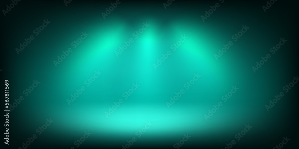 Aufkleber Abstract illuminated empty green stage with bright projectors. Design template. 3d vector background