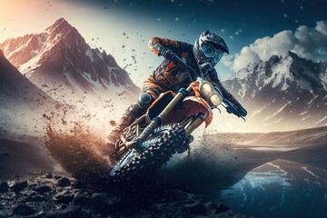 Obraz na płótnie Canvas Extreme Motocross MX Rider riding on dirt water track ,snow mountains one the background ,Generative ai