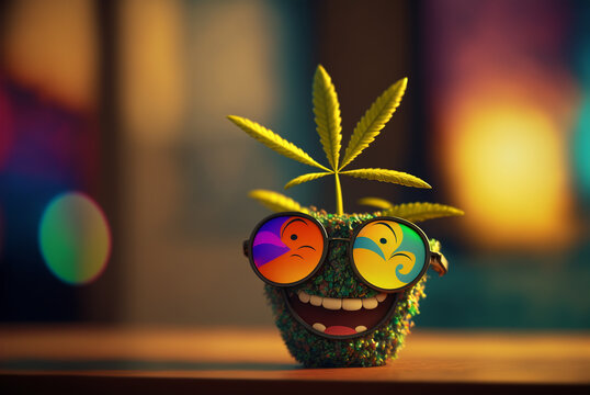 Happy Green Marijuana Leaf With Psychedelic Abstract Sunglasses And Happy Eyes Isolated On Cinematic Blurred Background. Abstract Cartoon Monster Leaf Of Cannabis Plant With Big Smile. Generative Ai