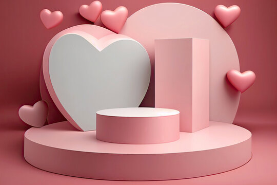Mockup 3D con decorazione per San Valentino con cuori e fondo chiaro e rosa