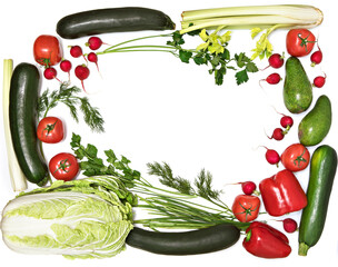 Frame of green and red vegetables isolated on white background. Healthy food concept, organic eco...