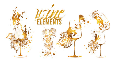 Wine Designs - Collection of wine glasses and bottles. Hand drawn elements for invitation cards, advertising banners, menus in gold style. Wine glasses with splashing wine. Sketch vector illustration