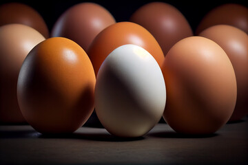 Group of brown eggs, with a white one in the middle. Created with Generative AI technology
