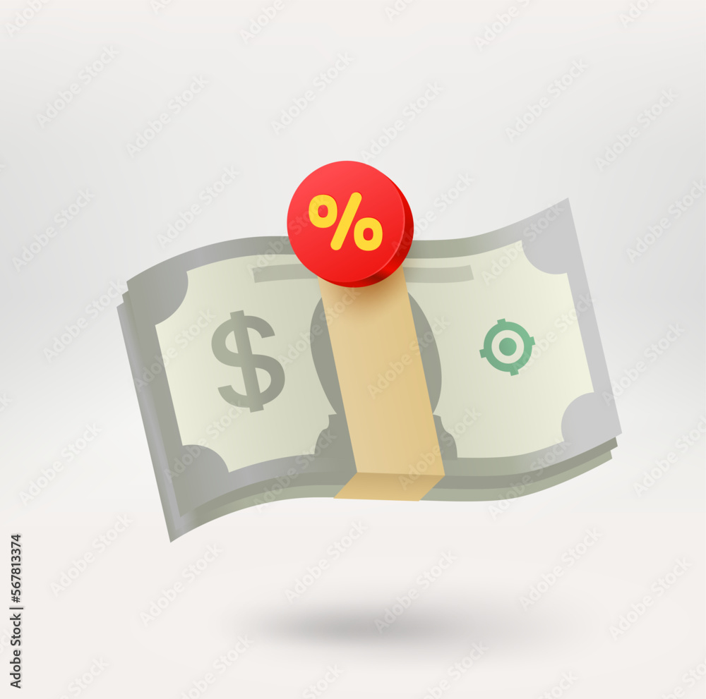 Poster Stack of money with a discountt label. 3d vector icon isolated on white background
