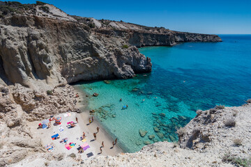 Top view of Tsigrado beach in Milos, Cyclades islands archipelago GR - 567813370