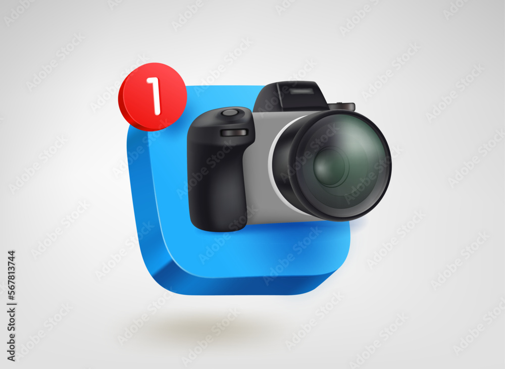 Aufkleber Digital camera app button with notification. 3d vector mobile application icon
