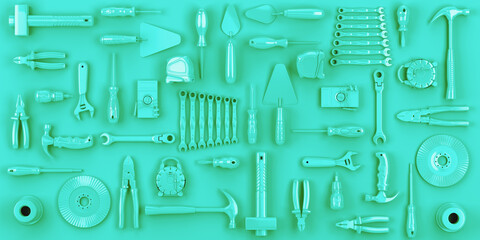 colored blue tools set background concept of repair tools warehouse promotion 3d render