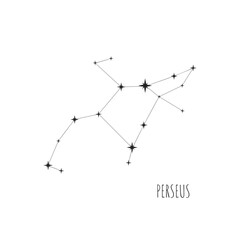 Constellation Perseus scheme in starry sky. Doodle, sketch, linear icons of all 88 constellations on white background