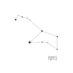 Simple constellation scheme Piscis Puppis, Big Dipper. Doodle, sketch, drawn style, linear icons of all 88 constellations. Isolated on white background
